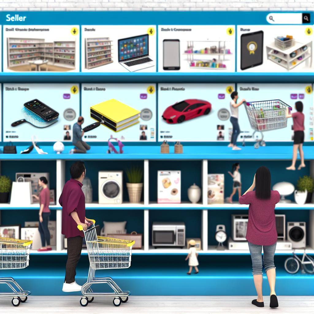 image showing an ecommerce marketplace like Amazon where different sellers sell through the ecommerce marketplace platform