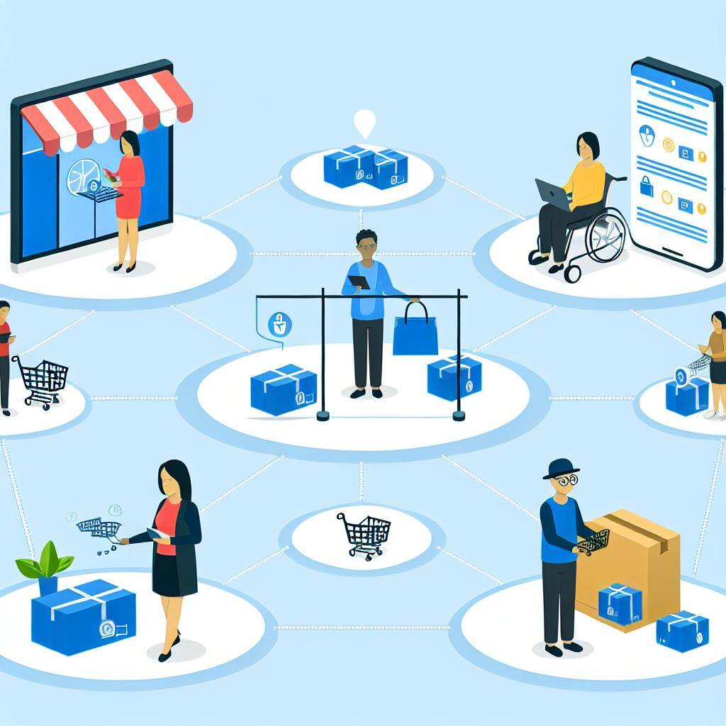 image showing an omnichannel ecommerce model where customers can buy goods online via an ecommerce platform or pick up the goods from a store or get i