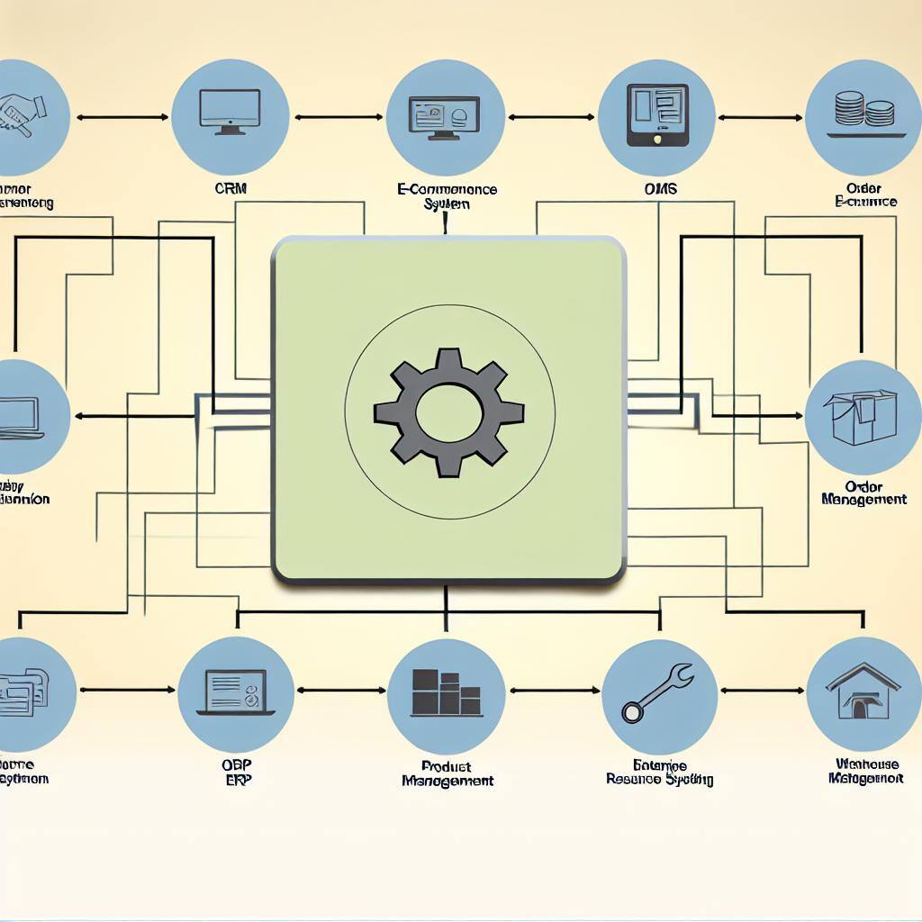 image showing how enterprise applications like CRM, ECommerce, OMS, PIM, ERP, WMS are integrated together with an integration and automation software